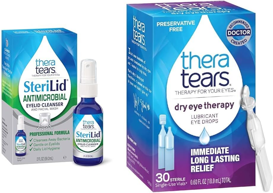 TheraTears SteriLid Eyelid Cleanser and Dry Eye Therapy Lubricant Eye Drops Bundle, 2 fl oz y 30 Vials