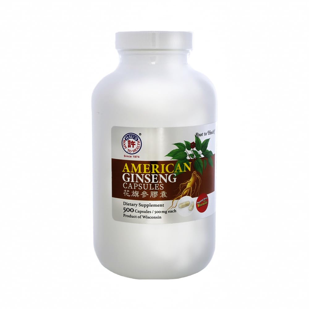 Hsu's SKU 1005 American Ginseng Capsules – Premium Wisconsin-Grown Ginseng Root Powder Suplemento sobre la energía 旗參丸    ← ← No GMO, Vegan, Gluten-Free, Energy & Wellness Support- 500ct