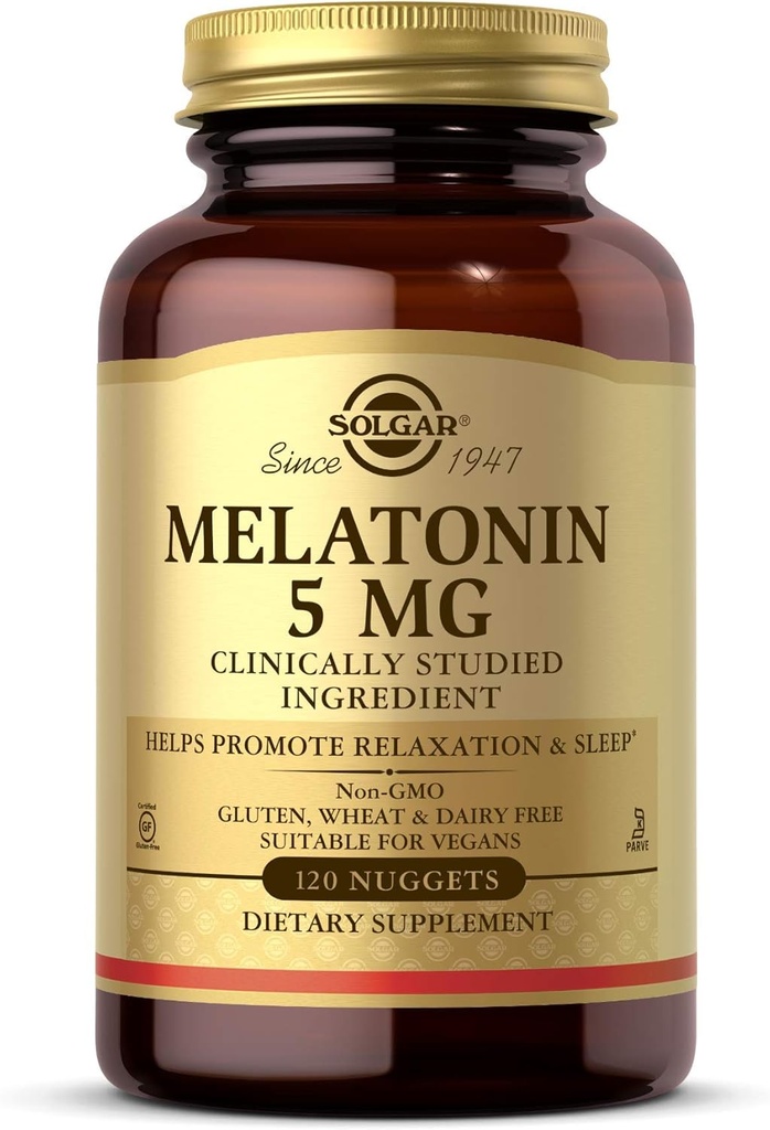 Solgar Melatonin 5 mg, 120 Nuggets - Ayuda a promover la relajación y el descanso - Melatonina clínicamente estudiada - Vegan, Gluten Gratis, Dairy Free, Kosher - 120 Servings