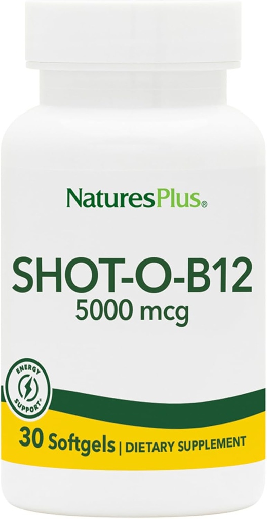Natures Plus Shot-O-B12 (Cyanocobalamin) - 5000 mcg, 30 Softgels - High Potency, Fast Acting B12 Suplemento - Memory & Energy Booster - Gluten-Free - 30 Servings