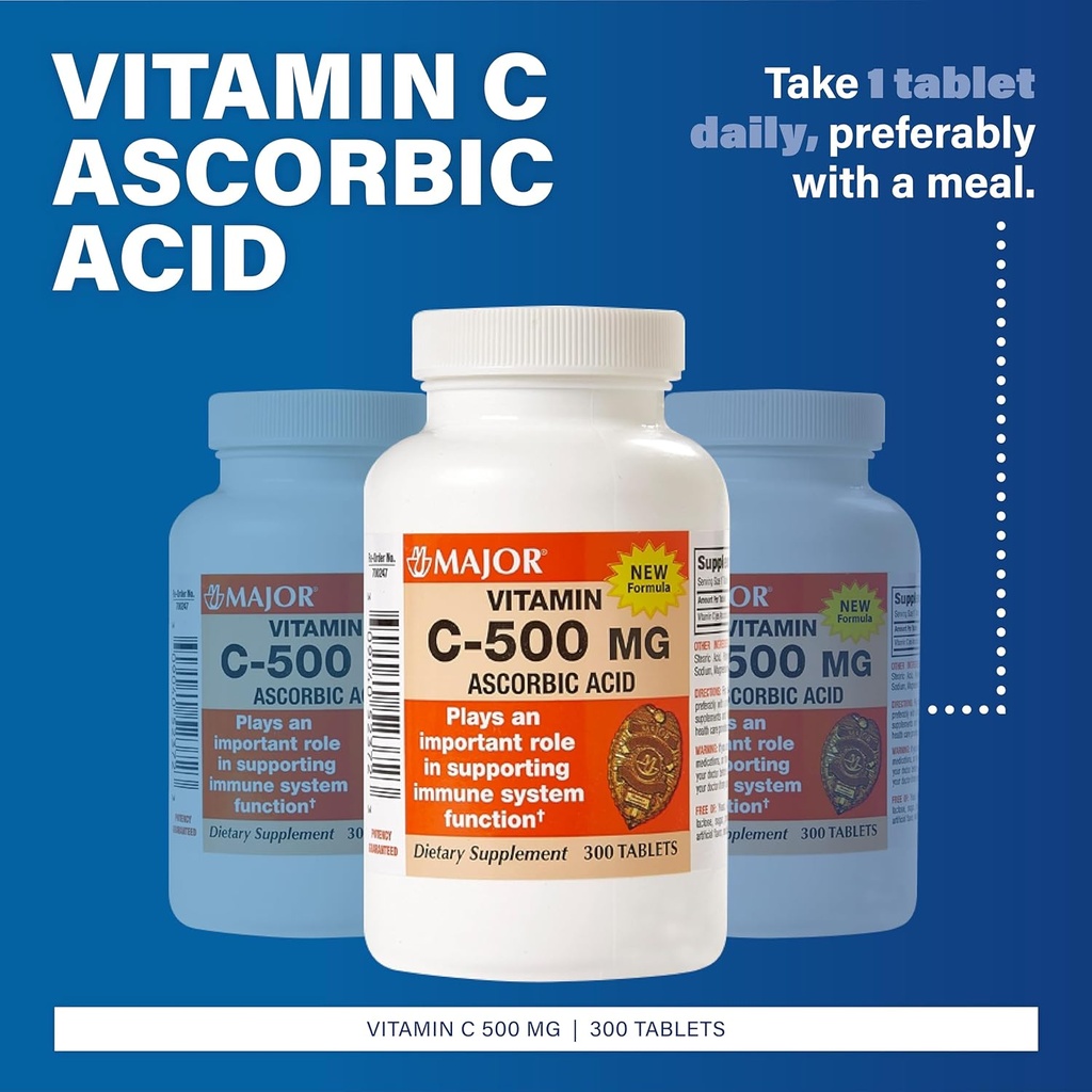 MAJOR Vitamina C-500 mg Ácido Ascórbico - Nueva Fórmula - Vitamina C Tabletas - Suplemento dietético - 300 Conde (1 Pack)