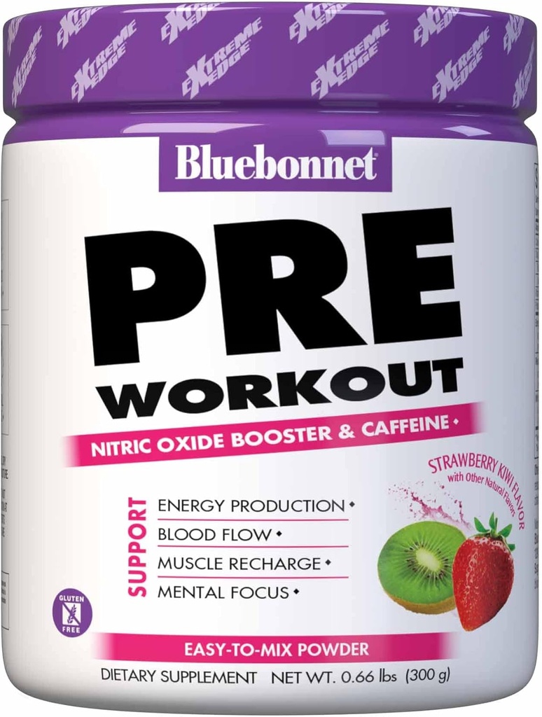 Bluebonnet Nutrition Extreme Edge Pre Workout, Muscle Recharging Formula*, Aumenta el óxido nítrico (NO) Niveles*, Soy-Free, Dairy-Free, Strawberry Kiwi, 30 Servimientos, 10.56 Unce