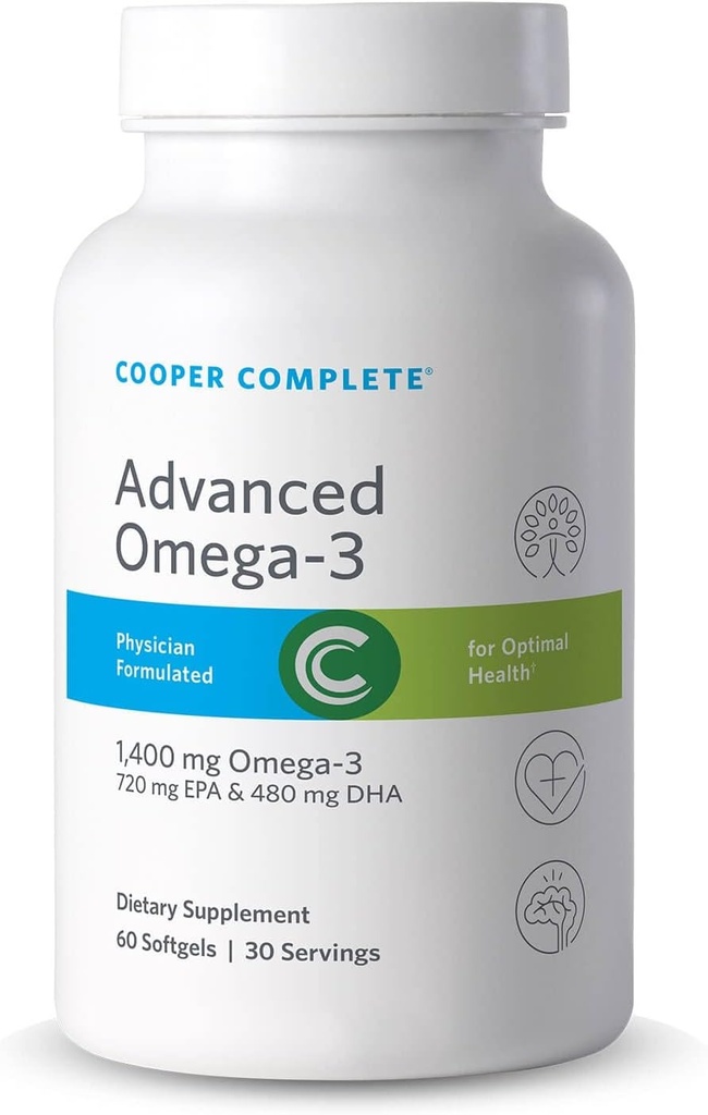 Cooper Complete - Advanced Omega 3 - Fish Oil Supplement, Concentrated EPA + DHA Omega-3 Fatty Acids 1400 mg - 60 Softgels por botella. Paquete de 2
