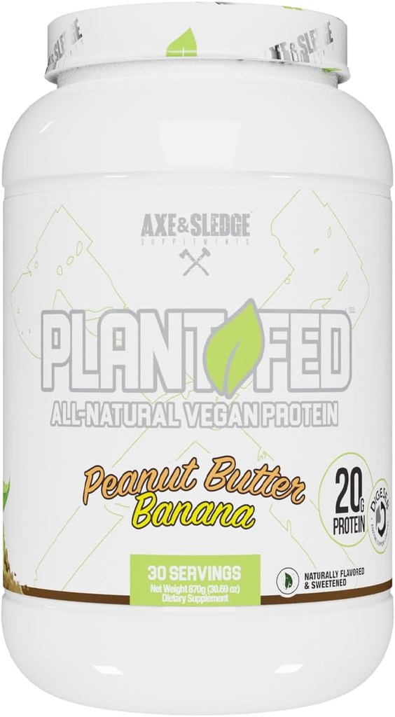 Axe &amp; Sledge Plant Fed Vegan Protein Powder ← 20g All Natural Protein, Naturally Flavored, Sweetened & Colored ← Low Carb, Zero Sugar, Macro-Friendly  durable Keto ← 30 Servings, Peanut Butter Banana