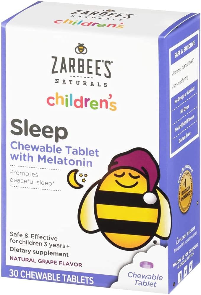 Zarbee's Kids 1mg Melatonin Chewable Tablet, Drug-Free &amp; Effective Sleep Supplement, Easy to Take Natural Grape Flavor Tablets for Children Ages 3 and Up, 30 Count