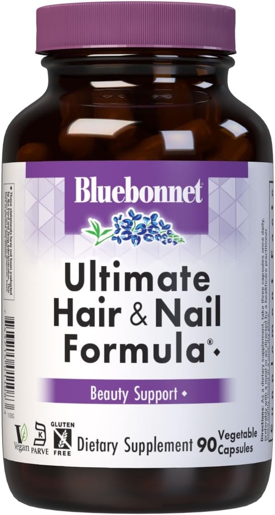 BlueBonnet Nutrition Ultimate Hair and Nail Formula, Vitaminas, Minerales, Especialidad Nutrientes para la Belleza Dentro, Libre de gluten, Kosher-Certified, Libre de lácteos, Vegan, 90 cápsulas vegetales, 30 piezas, Blanco