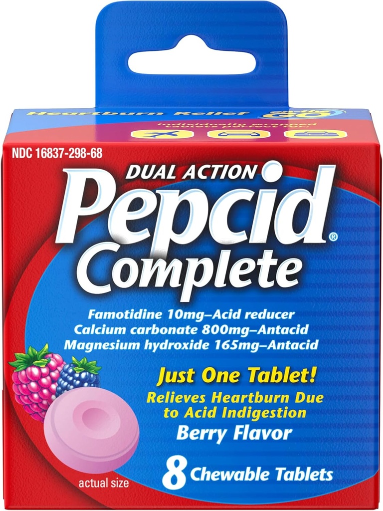 Pepcid Reductor completo de ácido + antiácido para Reflujo ácido, Famotidina de 10 mg, Carbonato de calcio de 800 mg " Hidroxido de magnesio por Plato de medicina de acidez cardiaca, Chews de ácido, Berry, 8 ct