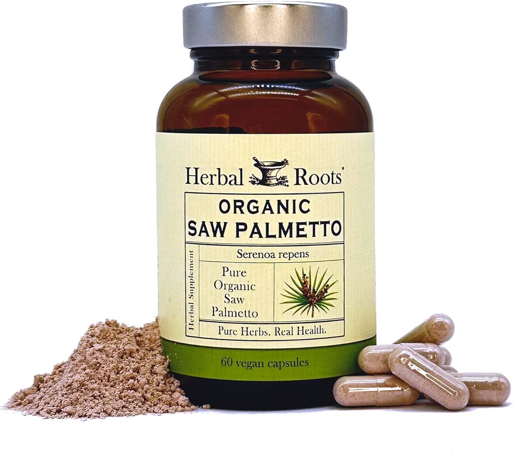 Herbal Roots Organic Saw Palmetto Capsules  1,000mg per Serving  60 cápsulas orgánicas Vegan