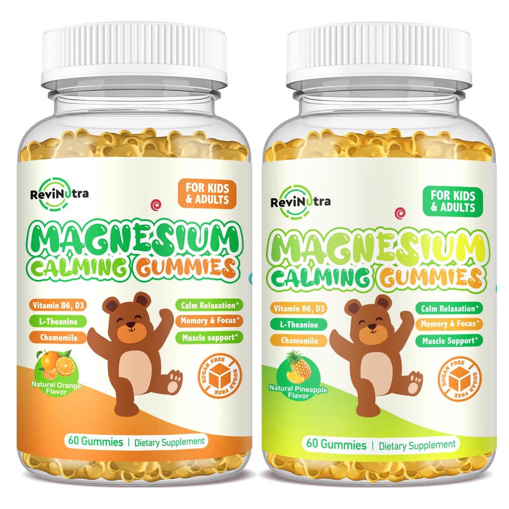 Magnesio Gummies para niños - Magnesio Glycinate Suplemento con L-Theanine, Vitamina B6, D3 para adultos &amp; niños, calma Magnesio para dormir, relajación, cerebro, huesos, naranja &amp; piña