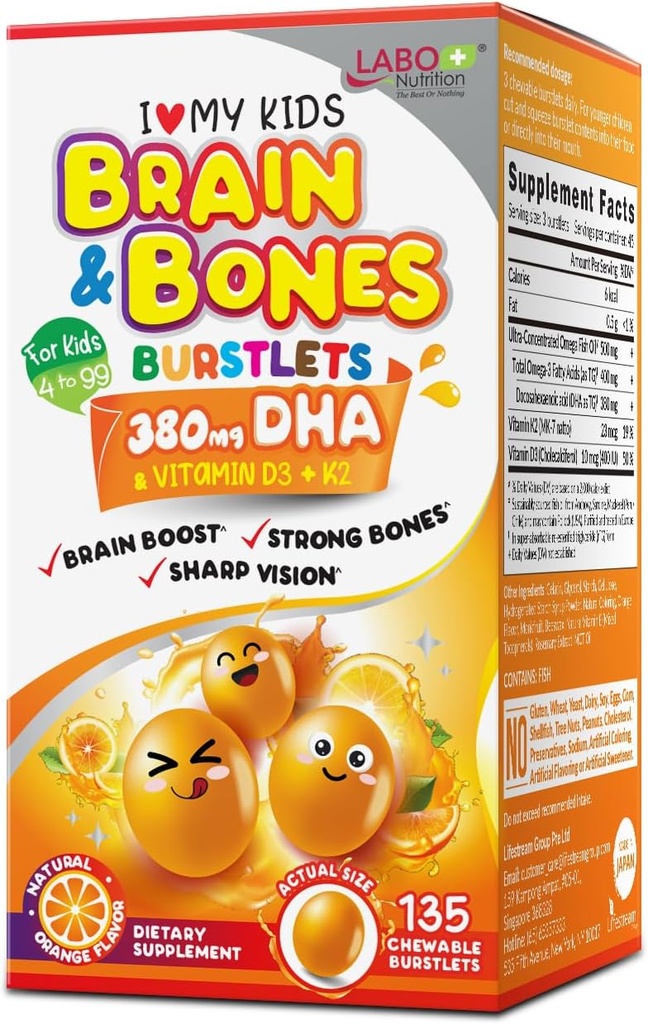 LABO Nutrition I My Kids Brain & Bones Chewable Burstlet, Gluten Free, for Stronger Bones & Behavioral Management, 76% Ultra-Concentrated rTG Form Omega 3 DHA Fish Oil, Vitamin D3 &amp; K2, Orange