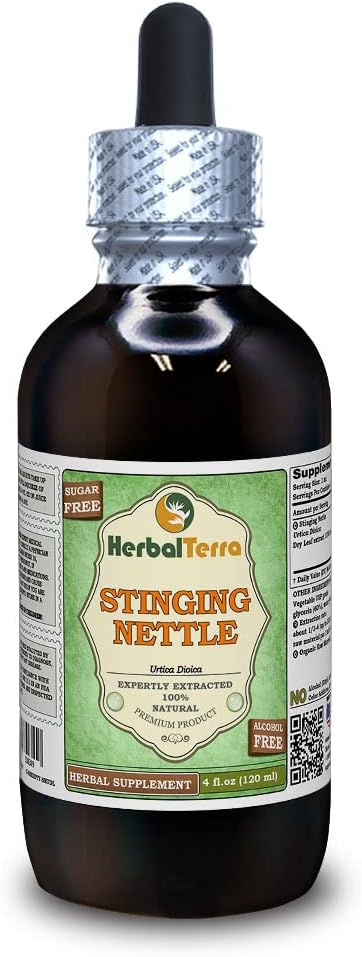 Nettle de Stinging (Urtica Dioica) Glycerite, Hojas de secado orgánico Extracto líquido libre de alcohol (Marca: HerbalTerra, Proudly Made in USA) 4 fl.oz (120 ml)