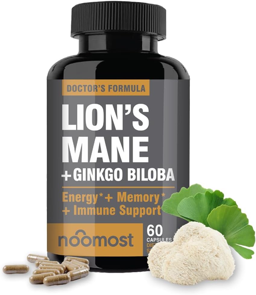 NooMost Lions Mane Supplement Organic Capsules - with Ginkgo Biloba - Cognitive Health, Focus & Memory Support - Natural Superfood for Brain, Energy & Immune Health - 60 Capsules - 2 Month Supply