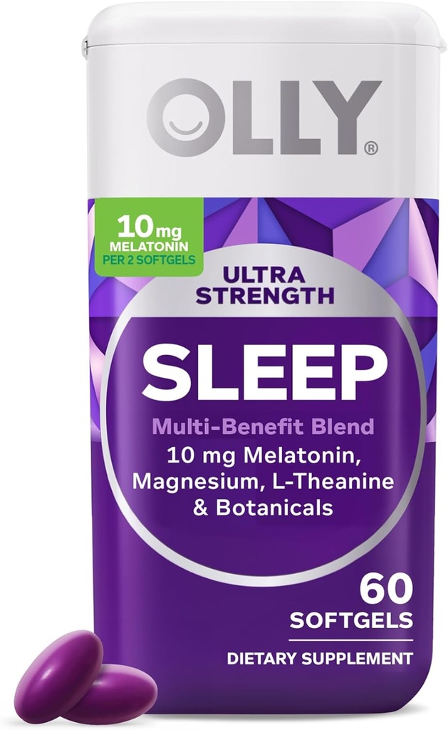OLLY Ultra Strength Sleep Softgels, 10mg Melatonin, L-Theanine, Chamomile, Magnesium, Lemon Balm, soporta el sueño profundo descanso, la ayuda para dormir en la noche, no Habit-Forming - 60 cuenta