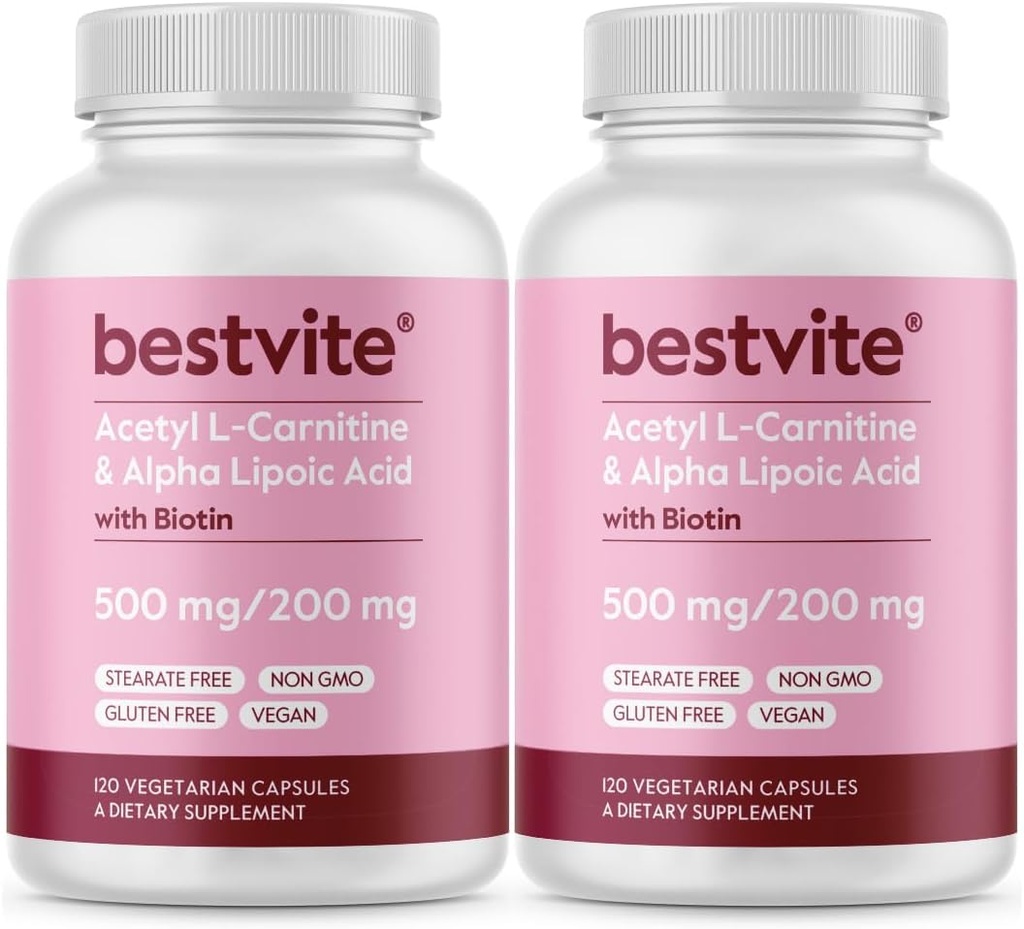 BESTVITE Acetyl L-Carnitine 500mg &amp; Alpha Lipoic Acid 200mg por cápsula con biotina (240 cápsulas vegetarianas) (120 x 2) - No Stearates - Vegan - No GMO - Gluten Free