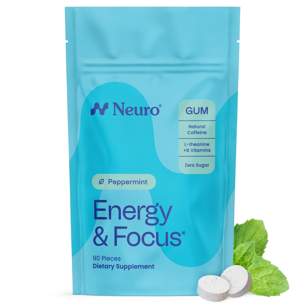 Neuro Energy & Focus Gum - 40mg Natural Caffeine Gum & Nootropic Energy Supplement with L-Theanine & B Vitamins - Sugar Free, Vegan - Peppermint, 90ct