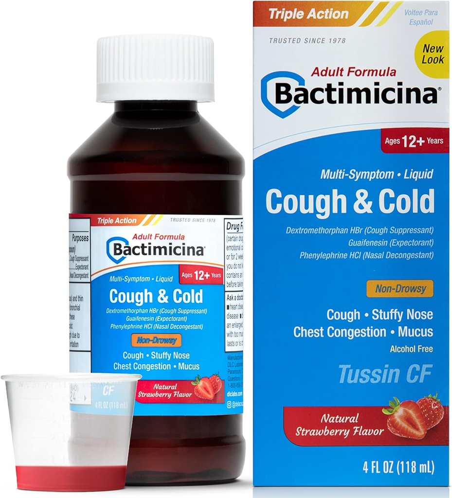 Tos Bactimicina " Líquido frío - expectorant and Decongestant - Edades 18 y Arriba - 4 Fl OZ