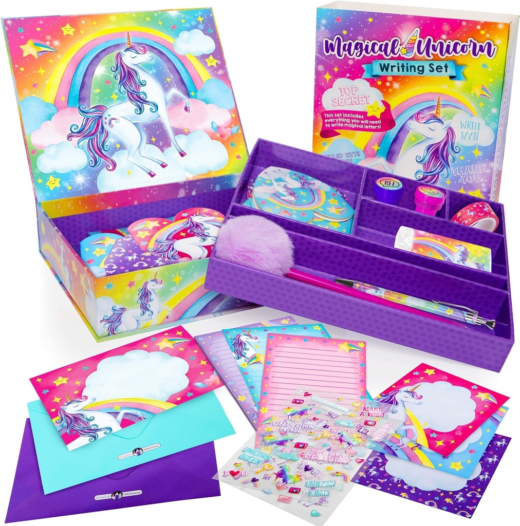 Juego original de escritura de cartas de Unicornio - 45-Piece de papel multicolor &amp; pegatina con caja de almacenamiento púrpura - papel de papel " para niñas