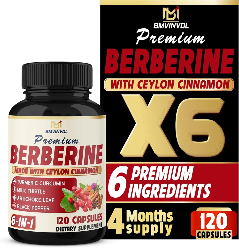BMVINVOL 6in1 Berberine Supplement with Ceylon Cinnamon, Tumeric Root, Milk Thistle, Artichoke, Black Pepper -120 Capsules for 4 Month Supply