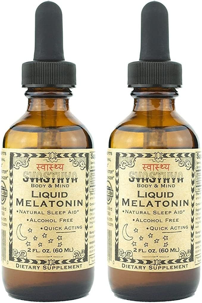 SVASTHYA BODY &amp; MIND Liquid Melatonin - Promociona el sueño natural - Alcohol gratis para adultos y niños, hecho en EE.UU., 2 oz, Pack de 2