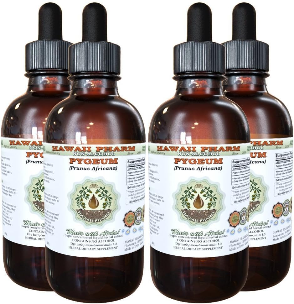African Cherry Pygeum Alcohol-Free Liquid Extract, African Cherry Pygeum (Prunus africana) Bark Glycerite Natural Herbal Supplement, Hawaii Pharm, USA 4x4 oz