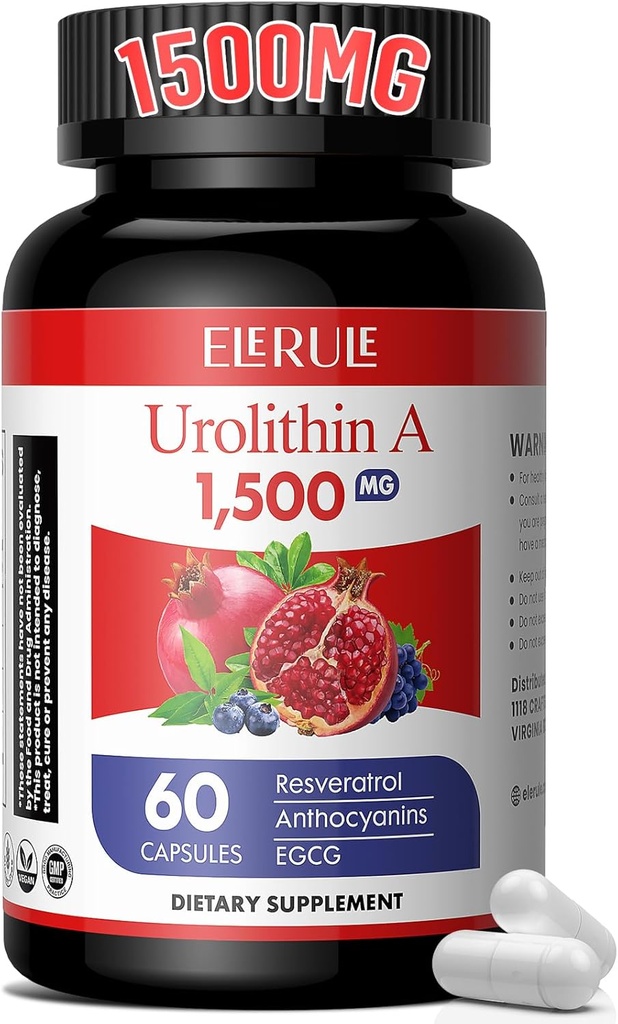 Urolithin A Supplement 1000 mg Plus Trans-Resveratrol, Anthocyanins, Green Tea,Promoting Healthy Aging,Supports Cellular and Energy for Men &amp; Women, 60 Capsules-60