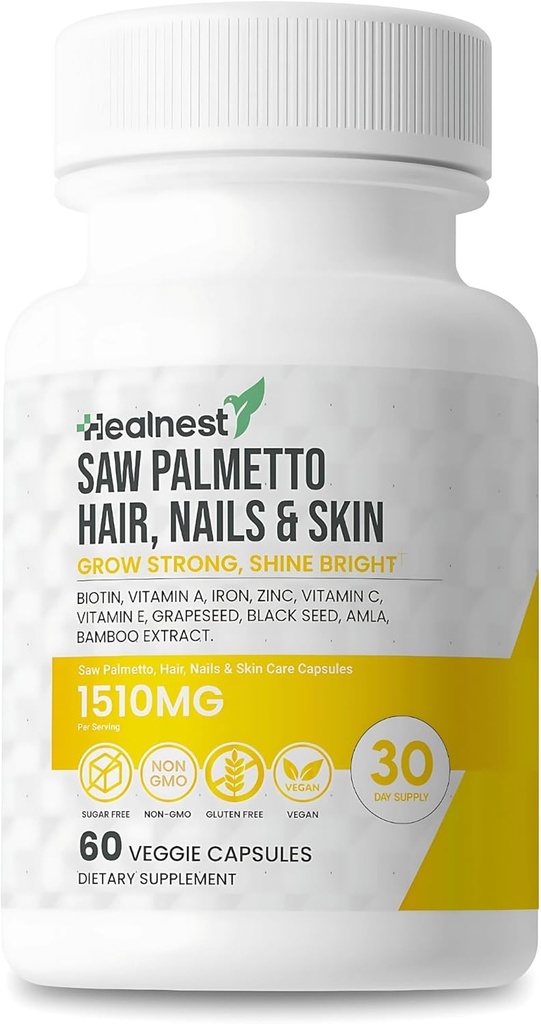 Hair, Nails & Skin Care with – Saw Palmetto, Biotin, Amla - 60 Non-GMO, Gluten Free, Veggie Capsules for Men and Women