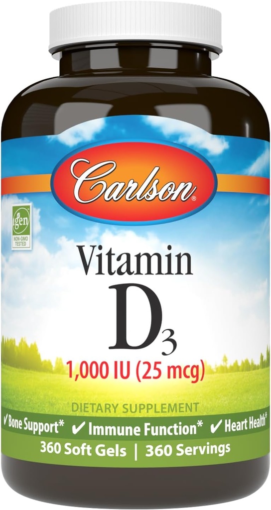 Carlson - Vitamin D3, 1000 IU (25 mcg), Bone Health, Muscle Health, Cholecalciferol, Vitamin D Supplements, Vitamin D3 Soft Gels, 360 Softgels