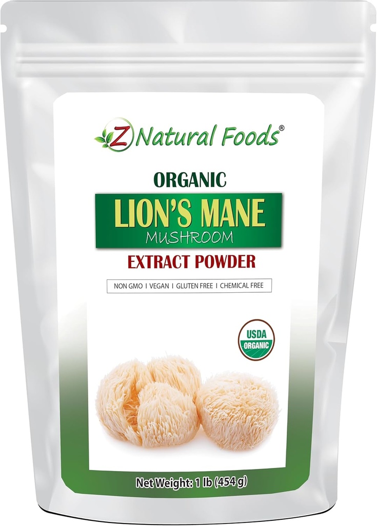 Z Natural Foods Organic Lion's Mane Mushroom Extract Powder, Vitamin-Rich Superfood Powder, Perfect for Tea and Smoothies, Non-GMO, Vegan, Gluten-Free, Kosher, 1 lb.