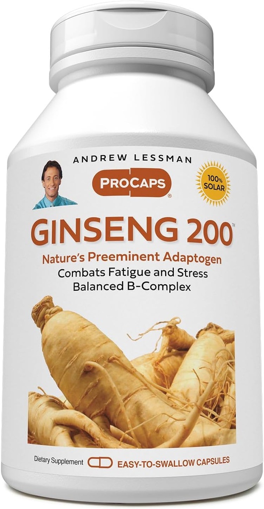 ANDREW LESSMAN Ginseng 200mg - 180 Capsules - Standardized Extract to Support Well-Being. Adaptógeno, Combate la fatiga y el estrés. Cápsulas suaves, pequeñas y fáciles de cambiar. No hay aditivos