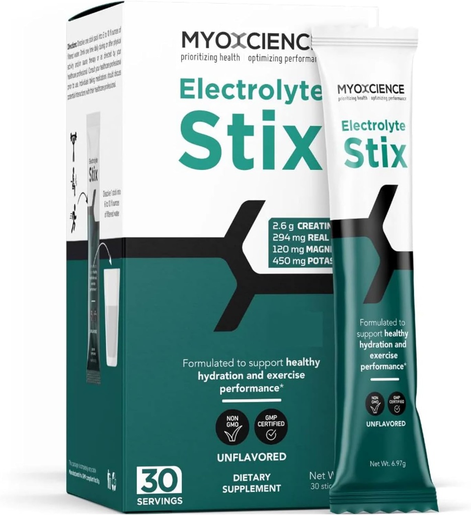 MYOXCIENCE Electrolyte STIX ← Creatine Electrolyte Powder  durable Recuperación del ejercicio &amp; Muscle Development w/Real Salt (Unflavored) (Stix 30 ct)