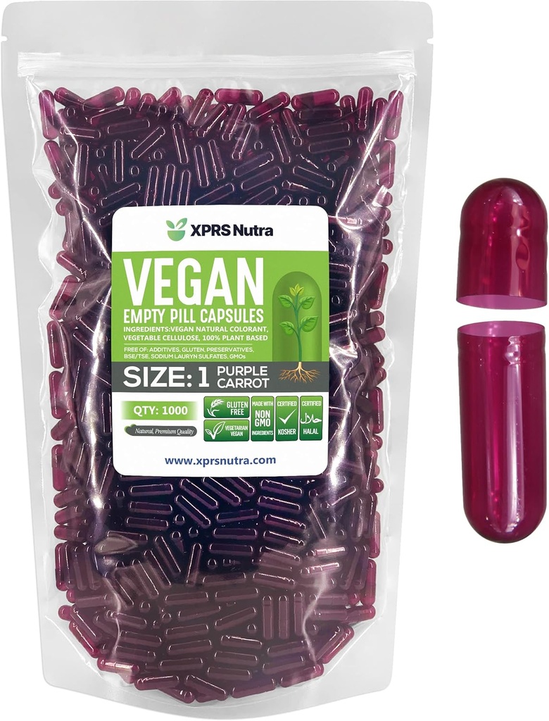 XPRS Nutra Tamaño 1 Empty Capsules - 1000 Conde Vacío Cápsulas Veganas - Píldoras Vegetarianas- DIY Cápsulas de relleno de verduras para suplementos Do-It-youself (Purple Carrot)