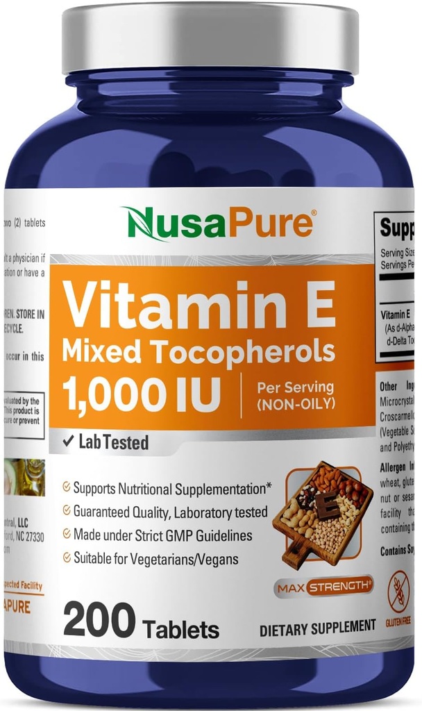 NusaPure Vitamina E 1000 UI 200 Tabletas (no GMO, sin gluten) - Tocoferoles mixtos