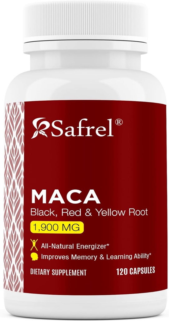 Safrel Organic Maca Root Negro, Rojo, Amarillo 1900 MG por Serving - 120 Vegan Capsules Peruano Maca Root Gelatinized 100% Puro Non-GMO Apoyos Reproductive Health Natural Energizer