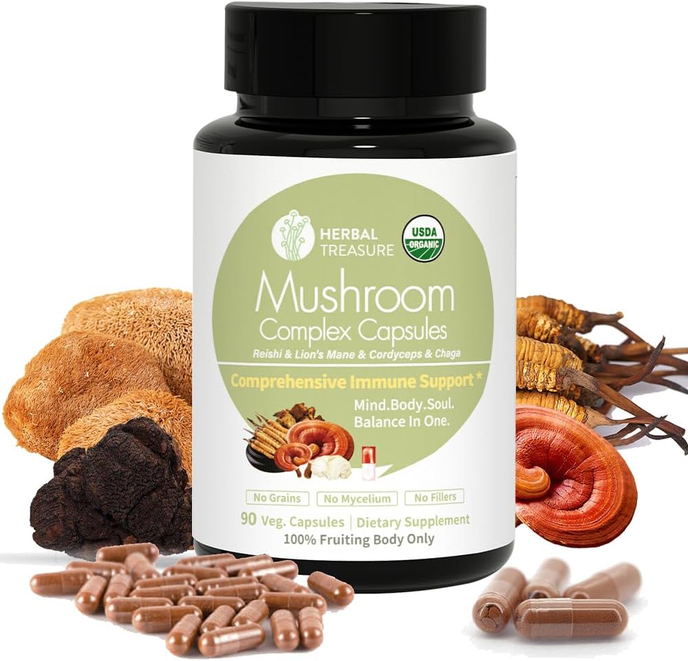 Tesoro Herbal 4 en 1 Suplemento Complejo de Mushroom, Adaptógenos con Mane de León, Reishi, Chaga y Cordyceps Mushroom Blend, Suplemento de Mushroom Orgánico Extracto 90 Caps