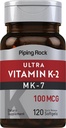 Piping Rock Vitamina K2 MK7 TEN 100 mcg TEN 120 Softgels TEN NO GMO, Gluten Suplemento Gratis