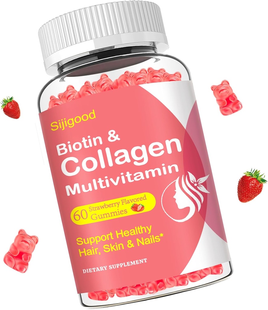 Collagen Gummies for Women Men, Women Over 50, Collagen Peptides Protein Tipo I,II,III,V,X with Biotin Keratin Vitamina C A D E B12 K2 for Skin Hair Nails Immunity Energy 60 Strawberry Flavored Gummies