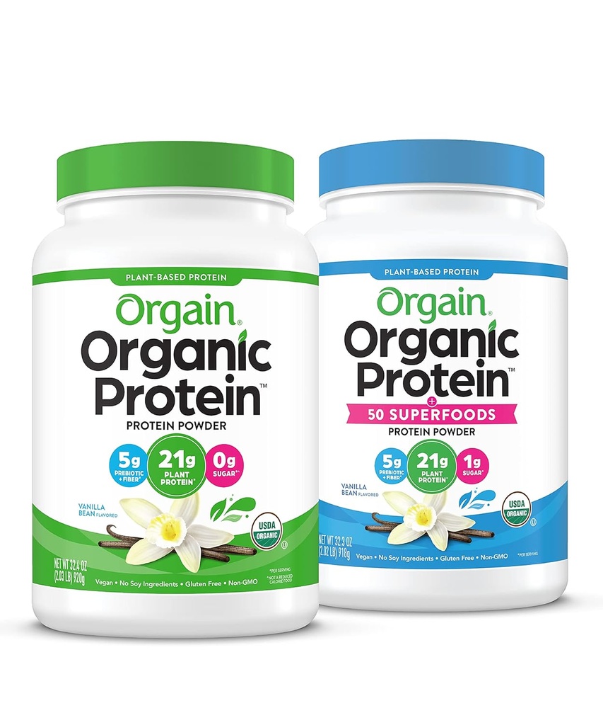 Orgain Orgain Orgánico Vegan &amp; Orgánica Proteína + Superalimentos Polvos, Vainilla Bean Flavors - Proteína basada en plantas, Gluten Free