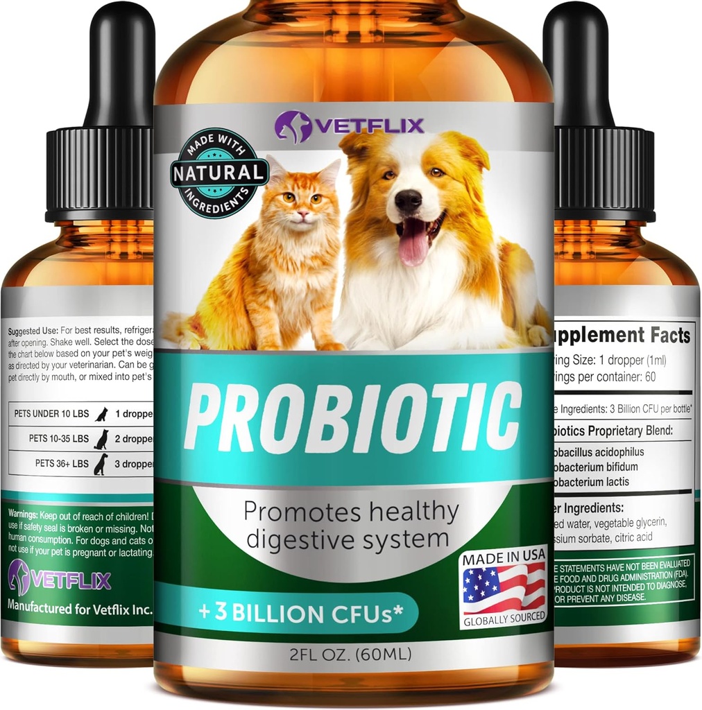 Probióticos Premium para Perros, Gatos - Enzimas Digestivos y Prebióticos Suplemento - Ayuda a Aliviar Diarrea, Vomiting, Upset Stomach, Gas, Estreñimiento &amp; Bad Breath - Soporta Sistema Digestivo - 2 Fl Oz