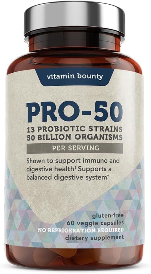 Vitamina Bounty Pro-50 Probióticos 50 Billones CFU para Hombres de Mujeres - 13 Multi Strain Probiótico + Prebiótico - Suplementos de Salud Digestivos para Gut Health Support - Delayed Release Capsules for Men &amp; Women