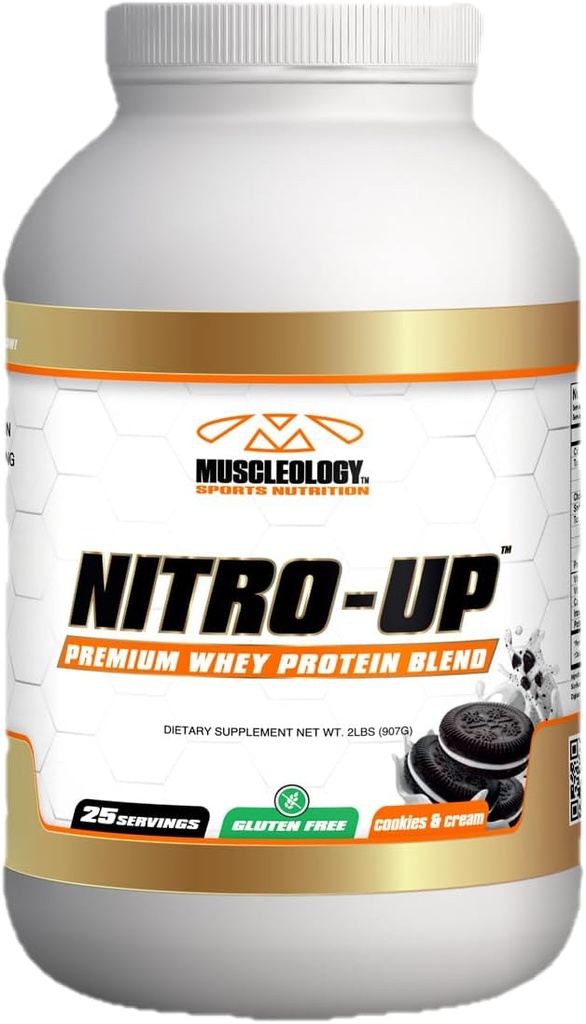 MUSCLEOLOGY Nitro-Up Hidrolyzed Whey Isolate Protein, Cookies &amp; Crema, 2 libras