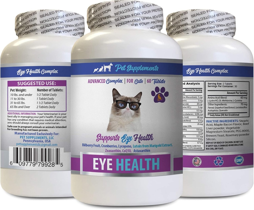 Cat Eye Vitamins - Complejo Cats Eye Health - Advanced Formula for Eye Sight - Immune Boost - cat astaxanthin - 1 Botella (60 Tablets)