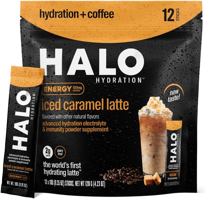 Latte de caramelo de HALO - Powder de bebida energética – Mezcla de café saludable para la hidratación con electrolitos, cafeína, vitaminas y minerales - 20 calorías - Keto y Calorie baja - 1 x 12 palos