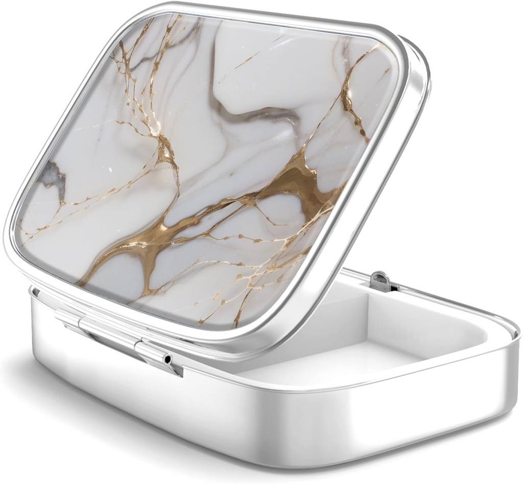 Pill Box 2 Compartment Small Pill Case,Portable for Pocket or Purse Pill Organizer Pill Container Holder to Hold Vitamins, Medication, Fish Oil and Supplements(Gray Marbling Gold)
