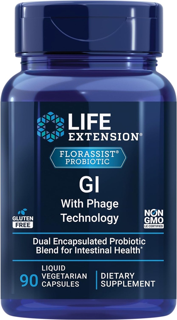 Extensión de la vida FLORASSIST GI con Phage Technology, Digestive Health, Probiotic Support, Nutrient Absorption, 7 cepas probióticas, bacteriofage Blend, 90 Liquid Vegetarian Capsules