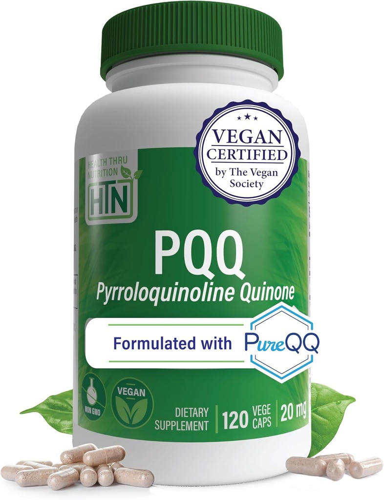 Health Thru Nutrition PQ 20mg 120 Servings Pyrroloquinoline Quinone as PureQQQ ← Mitocondrial Biogenesis ← Certified Vegan ← Non-GMO Gluten Soy Free Capsules Tortura Clean Label PQ Suplemento