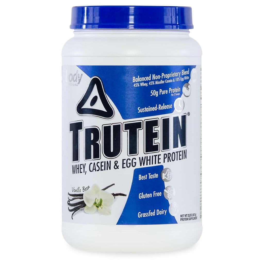 Body Nutrition Trutein High Protein Powder: 45% Whey, 45% Casein, 10% Egg White Protein Shake Mix, Gluten-Free, Low Sodium, Low Carb Protein Supplement Powder for Men & Women, Vanilla Bean, 2lb