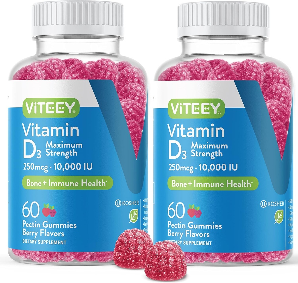 VITEEY Vitamina D3 Gummies para Adultos &amp; Adolescentes - 10,000 UI, 250mcg, máxima fuerza - Conjunto &amp; Muscle Health, Immune Boost - Chewable Vitamin D Gummies - Vegetariano, Gelatin Gratis - Tasty Berry Flavored