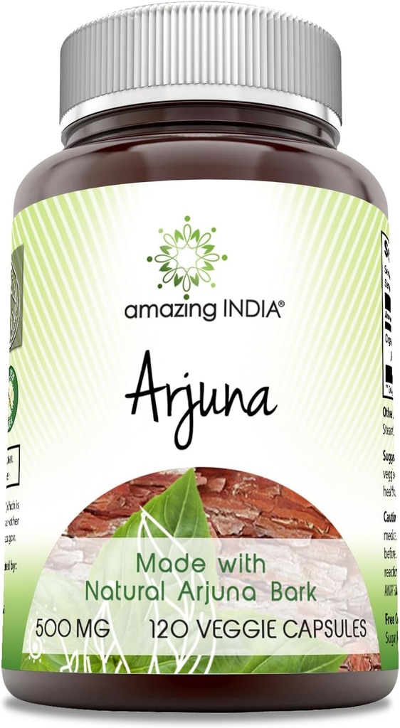 Increíble India Arjuna (Made with Natural Arjuna) 500 Mg Suplemento Silencio Vegetarian Capsules ← Non-GMO TENIDO Gluten-Free TEN Made in USA (1 Pack TEN120 Count)