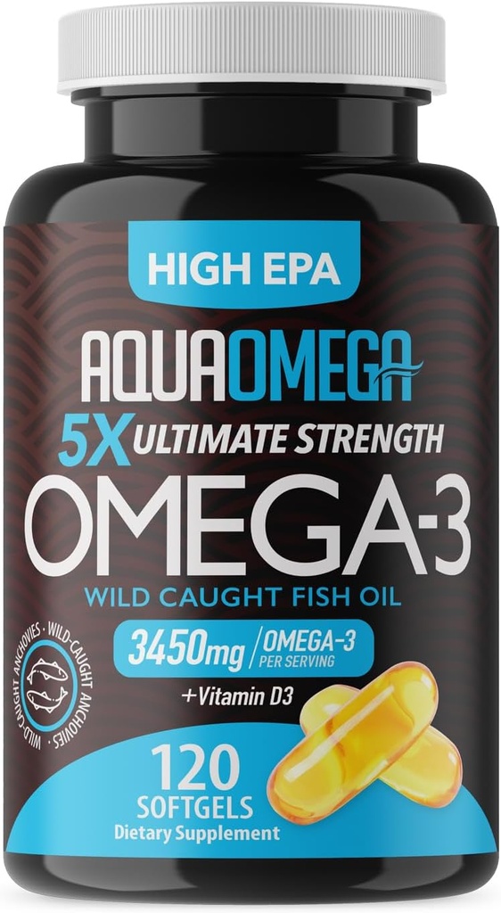 5X Ultimate Strength Omega 3 Suplementos de aceite de pescado, aceite de pescado salvaje Omega 3 Suplementos con alta EPA, DHA y vitamina D, Fishoil Omega3 Suplemento para Hombres, 120 Softgels, Desflavorado