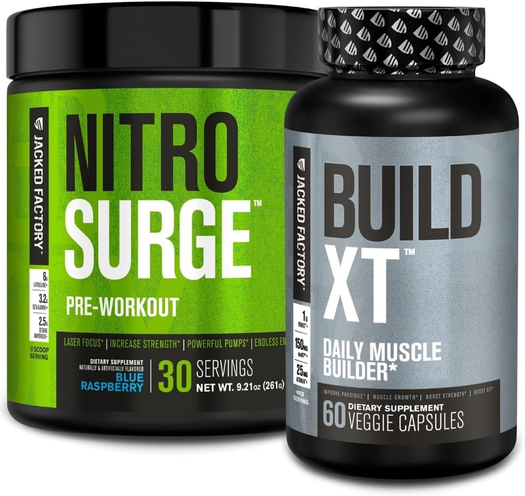 Jacked Factory Nitrosurge Pre-Workout en Blue Raspberry & Build XT Muscle Building Bundle for Men &amp; Women